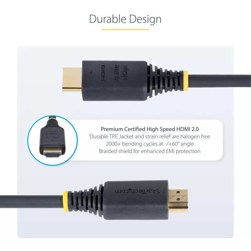 StarTech.com 2 m (6,6 jalga) Premium Certified High Speed HDMI kaabel, 4K 60 Hz / 1440p 144 Hz, HDR10 / HDCP 2.2 / ARC, 18 Gbit/s, UHD HDMI 2.0 juhe telerile / monitorile / kuvarile, TPE mantel