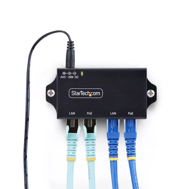 StarTech.com 2-pordine gigabitine PoE+ vahesüstik, 10/100/1000Mbps, PoE+ (802.3af/at), 30W, 1Gbps Ethernet, seinale kinnitatav, haldamata toide üle Etherneti