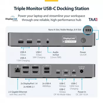 StarTech.com kolme monitoriga USB-C dokkimisjaam, 140 W sülearvuti laadimisdokk MacBook Pro ja Windows jaoks, 4K 60 Hz HDMI või DisplayPort, TAA