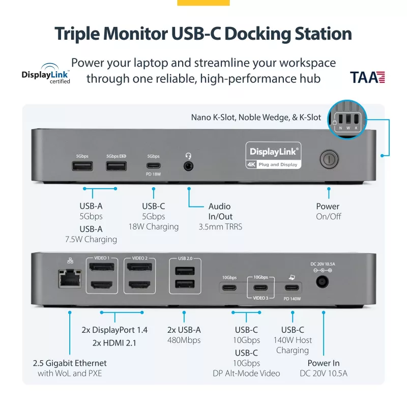 StarTech.com kolme monitoriga USB-C dokkimisjaam, 140 W sülearvuti laadimisdokk MacBook Pro ja Windows jaoks, 4K 60 Hz HDMI või DisplayPort, TAA