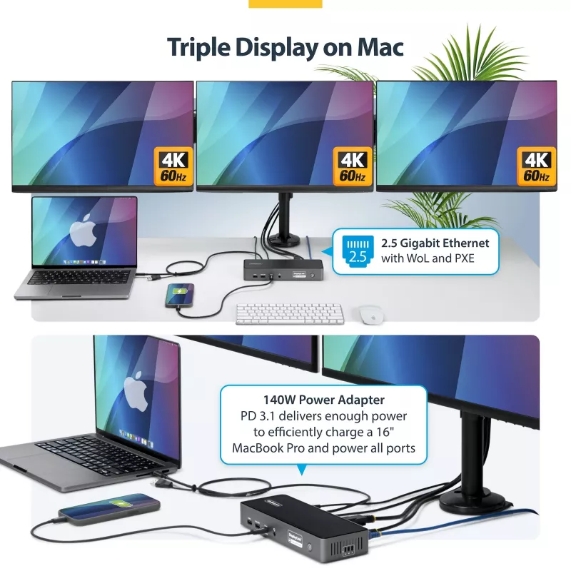 StarTech.com kolme monitoriga USB-C dokkimisjaam, 140 W sülearvuti laadimisdokk MacBook Pro ja Windows jaoks, 4K 60 Hz HDMI või DisplayPort, TAA