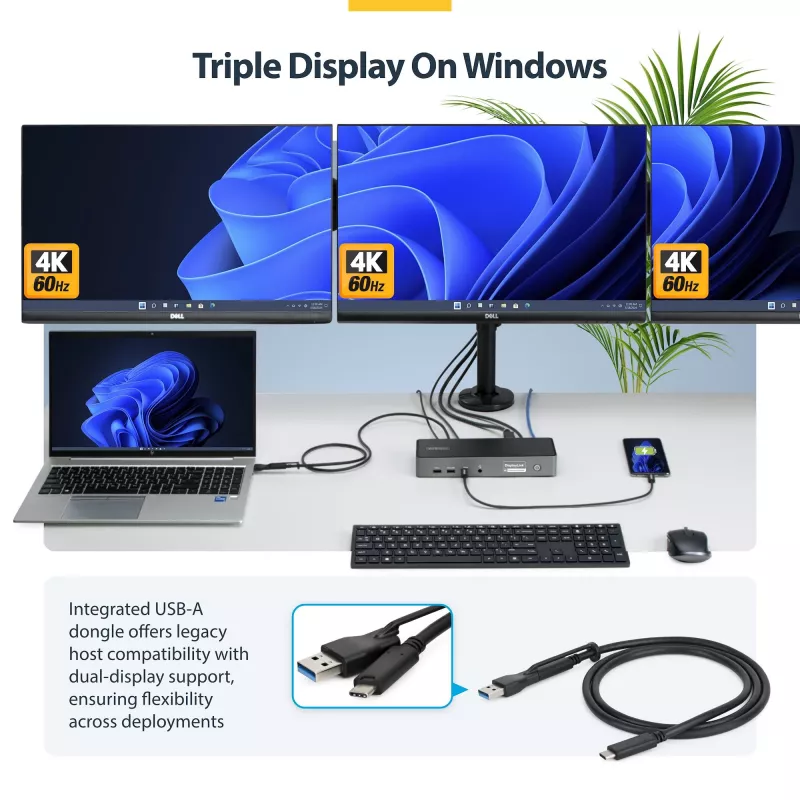 StarTech.com kolme monitoriga USB-C dokkimisjaam, 140 W sülearvuti laadimisdokk MacBook Pro ja Windows jaoks, 4K 60 Hz HDMI või DisplayPort, TAA