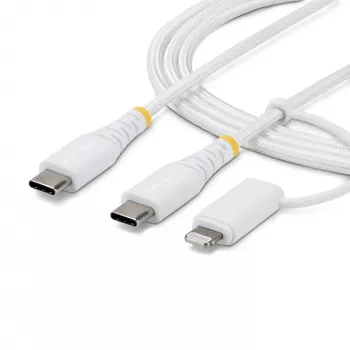 StarTech.com 2 m (6 jalga) 2-in-1 vastupidav USB-C laadimiskaabel koos Lightning-adapteriga, 30 W/60 W (3 A), Apple MFi sertifitseeritud, punutud USB-C laadimisjuhe iPhone'ile/iPadile/Androidile