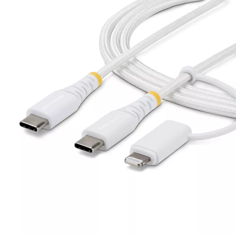 StarTech.com 2 m (6 jalga) 2-in-1 vastupidav USB-C laadimiskaabel koos Lightning-adapteriga, 30 W/60 W (3 A), Apple MFi sertifitseeritud, punutud USB-C laadimisjuhe iPhone'ile/iPadile/Androidile