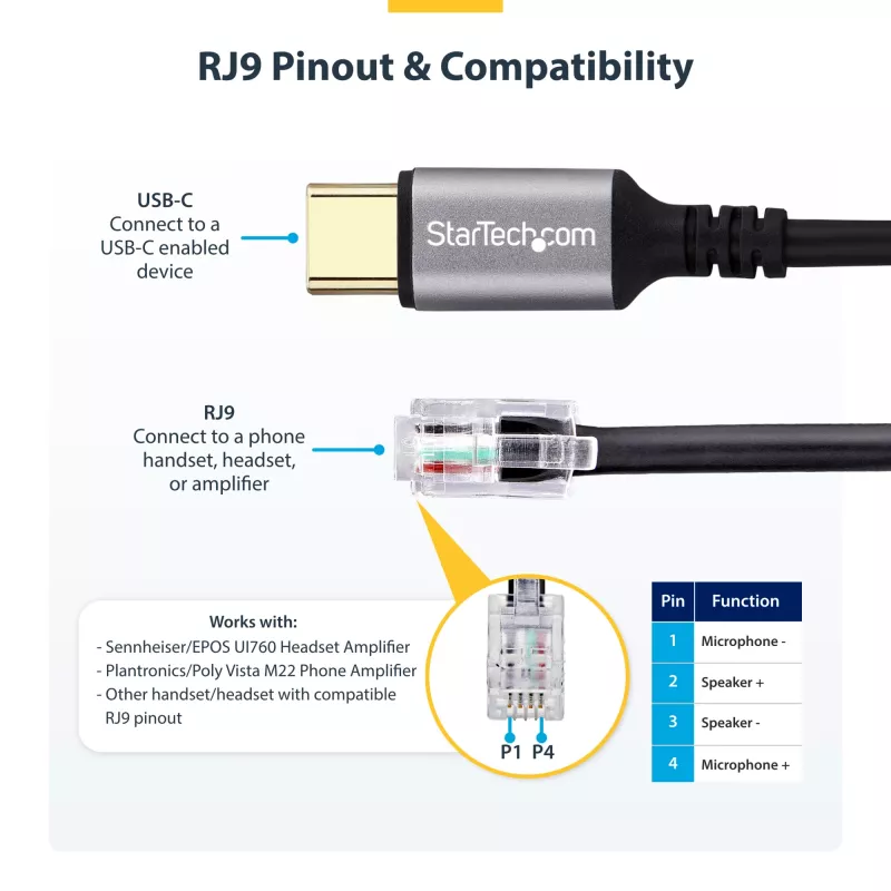 StarTech.com UR9-HEADSET-ADAPTER kaabli soovahetaja USB-C RJ-9 Must