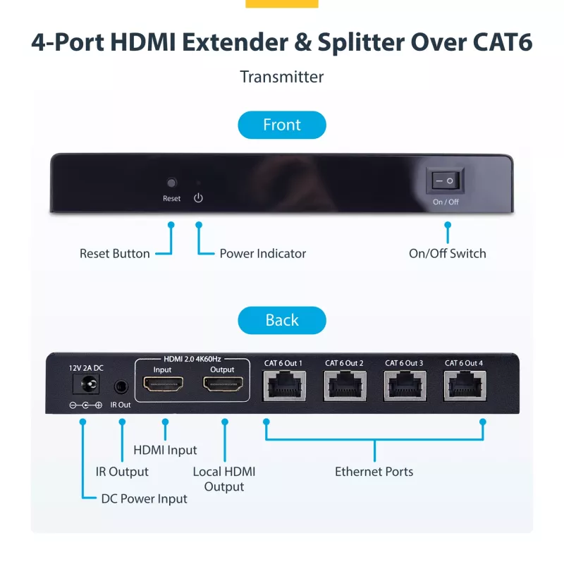 StarTech.com 4-pordiline HDMI-pikendaja ja -jaotur CAT6 kaudu, 4K 60Hz, kuni 70 m, 1x4 HDMI jaotuskomplekt üle Etherneti koos IR- ja toitega üle kaabli