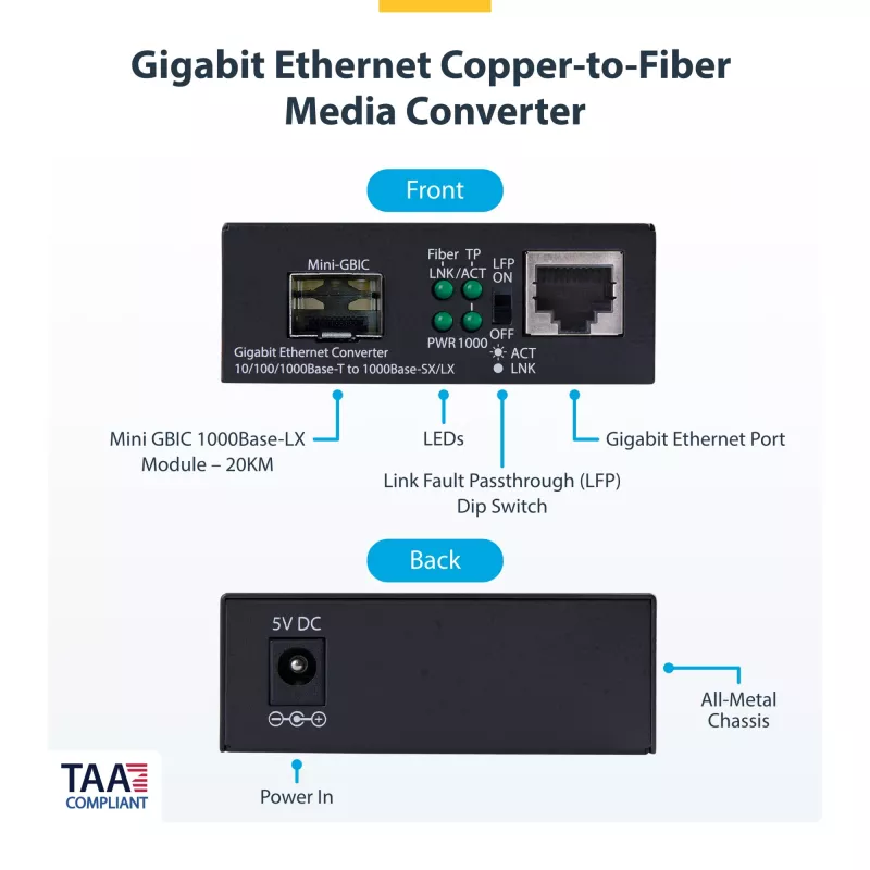 StarTech.com Gigabit Ethernet vask-kiudmeediumimuundur, SM LC, 20 km, 10/100/1000 Mbit/s, RJ45-LC, täismetallist, 9K jumbokaadrid, TAA-ühilduv