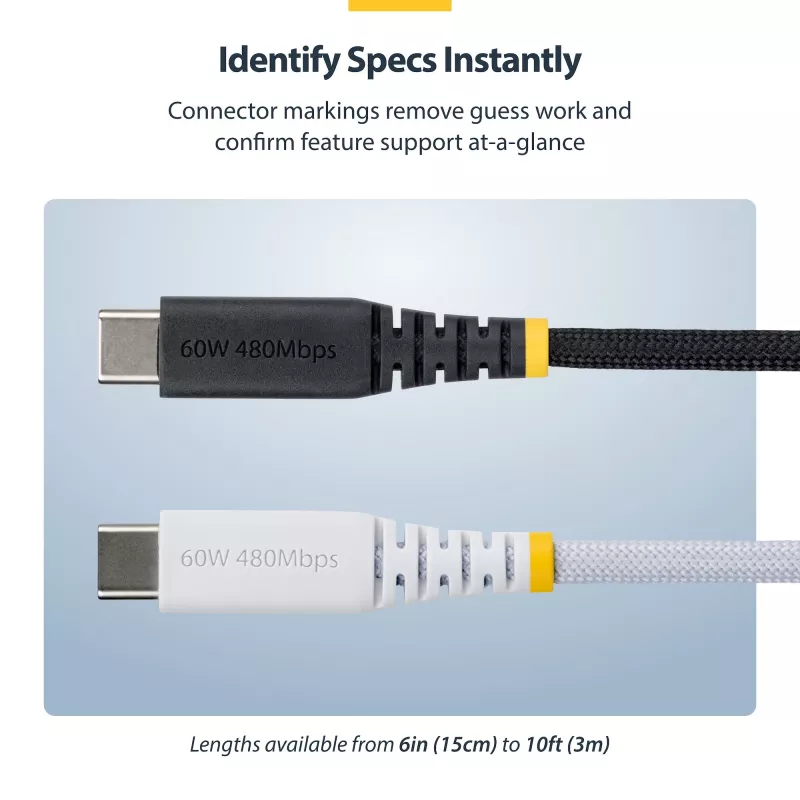StarTech.com 1 m (3 jalga) USB-C laadimiskaabel, 60 W (3 A) PD, kahekihilise punutud nailonist/TPE ümbrisega, töökindel USB C laadimisjuhe, USB 2.0 sülearvuti laadimiskaabel