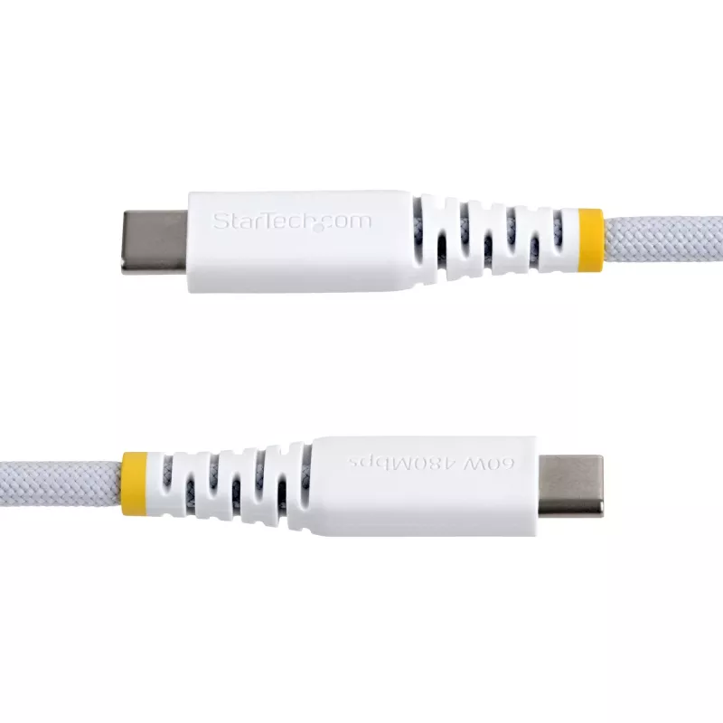 StarTech.com 2 m valge USB-C laadimiskaabel, 60 W (3 A) PD, kahekihiline punutud nailon/TPE kate, vastupidav USB-C laadimisjuhe, USB 2.0 sülearvuti laadijakaabel