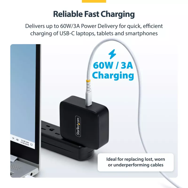 StarTech.com 2 m valge USB-C laadimiskaabel, 60 W (3 A) PD, kahekihiline punutud nailon/TPE kate, vastupidav USB-C laadimisjuhe, USB 2.0 sülearvuti laadijakaabel