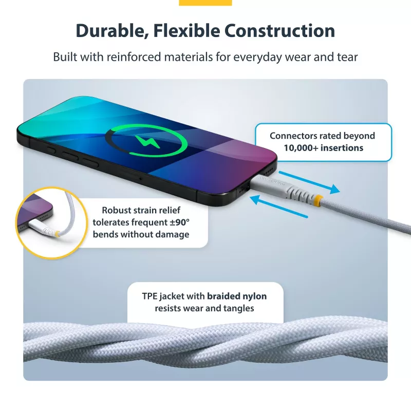 StarTech.com 2 m valge USB-C laadimiskaabel, 60 W (3 A) PD, kahekihiline punutud nailon/TPE kate, vastupidav USB-C laadimisjuhe, USB 2.0 sülearvuti laadijakaabel