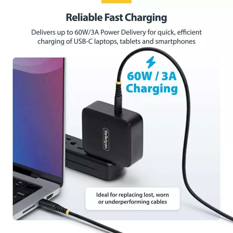 StarTech.com 3m (10ft) USB-C laadimiskaabel, 60W (3A) PD, kahekihiline punutud nailon/TPE ümbris, vastupidav USB C laadimisjuhe, USB 2.0 sülearvuti laadimiskaabel