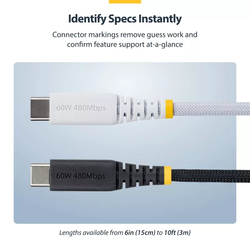 StarTech.com 15 cm valge USB-C laadimiskaabel, 60W (3A) PD, kahekihiline põimitud nailon/TPE mantel, vastupidav USB-C laadimisjuhe, USB 2.0 sülearvuti laadimiskaabel