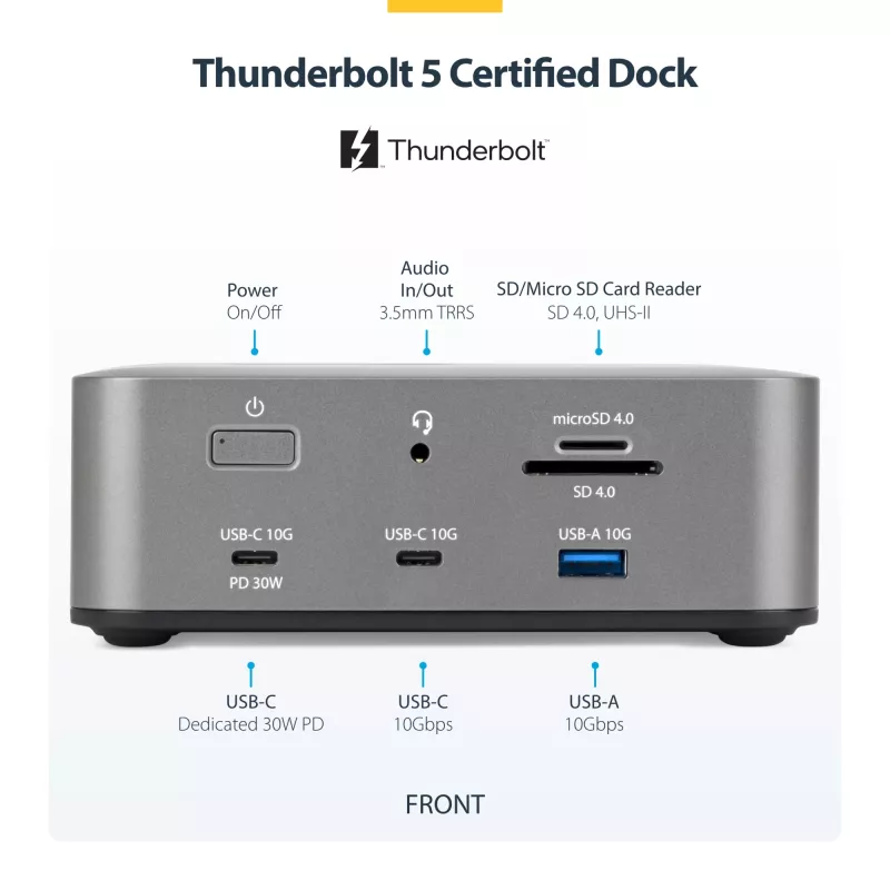 StarTech.com Thunderbolt 5 dokkimisjaam, DP / HDMI, kolm monitori, kuni 4K 144 Hz või kaks 8K 60 Hz, 5x USB porti, 140 W sülearvuti laadimine
