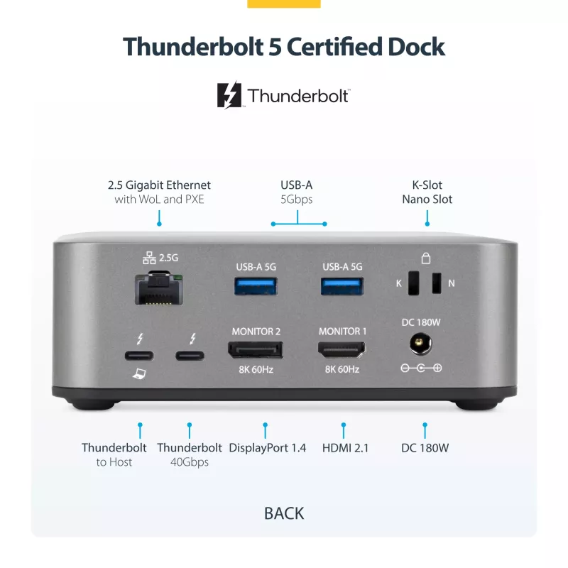 StarTech.com Thunderbolt 5 dokkimisjaam, DP / HDMI, kolm monitori, kuni 4K 144 Hz või kaks 8K 60 Hz, 5x USB porti, 140 W sülearvuti laadimine