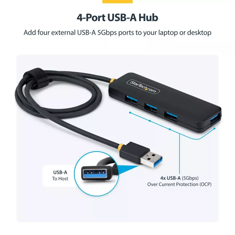 StarTech.com 4-pordiline USB-A jaotur, 5 Gbit/s, siiniga toitega, USB-A kuni 4x USB-A minijaotur, eriti pikk 2 jala/61 cm hostkaabel, PCR-plastik, kaasaskantav töölaua-/sülearvuti USB-jaotur