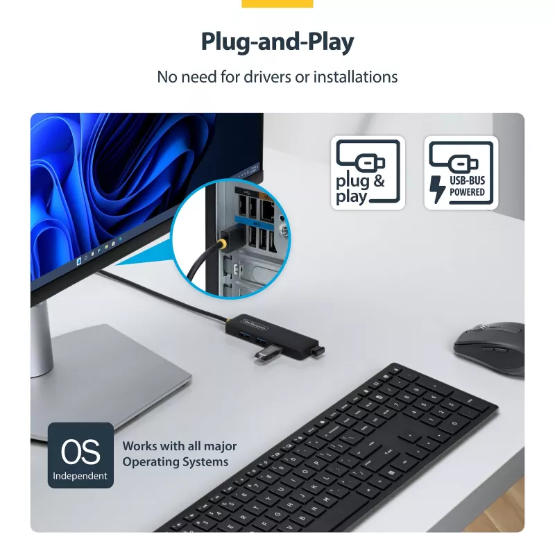 StarTech.com 4-pordiline USB-A jaotur, 5 Gbit/s, siiniga toitega, USB-A kuni 4x USB-A minijaotur, eriti pikk 2 jala/61 cm hostkaabel, PCR-plastik, kaasaskantav töölaua-/sülearvuti USB-jaotur