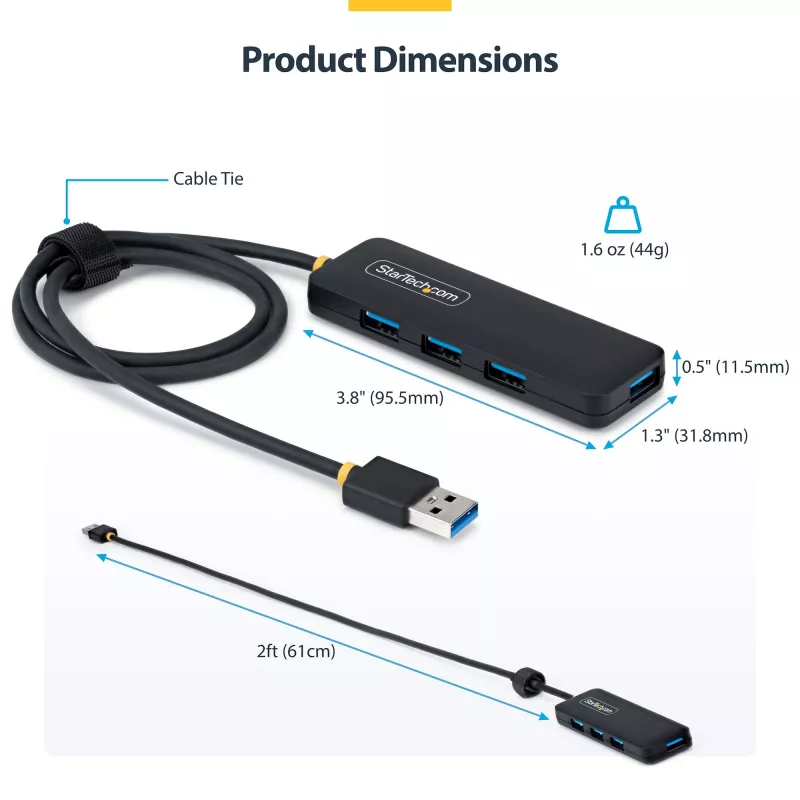 StarTech.com 4-pordiline USB-A jaotur, 5 Gbit/s, siiniga toitega, USB-A kuni 4x USB-A minijaotur, eriti pikk 2 jala/61 cm hostkaabel, PCR-plastik, kaasaskantav töölaua-/sülearvuti USB-jaotur