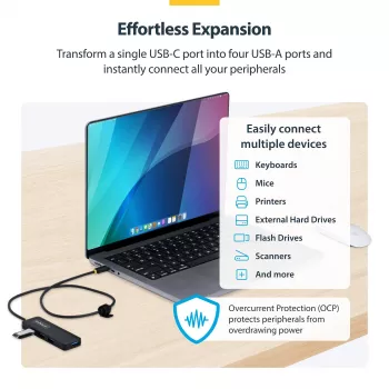 StarTech.com 4-pordiline USB-C jaotur, 5 Gbit/s, siinivõimsusel, USB-C kuni 4x USB-A minijaotur, eriti pikk 2 jalga/61 cm hostikaabel, PCR-plast, kaasaskantav laua-/sülearvuti USB-jaotur