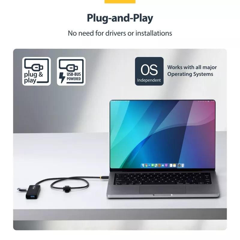 StarTech.com 4-pordiline USB-C jaotur, 5 Gbit/s, siinivõimsusel, USB-C kuni 4x USB-A minijaotur, eriti pikk 2 jalga/61 cm hostikaabel, PCR-plast, kaasaskantav laua-/sülearvuti USB-jaotur