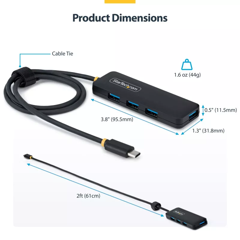 StarTech.com 4-pordiline USB-C jaotur, 5 Gbit/s, siinivõimsusel, USB-C kuni 4x USB-A minijaotur, eriti pikk 2 jalga/61 cm hostikaabel, PCR-plast, kaasaskantav laua-/sülearvuti USB-jaotur