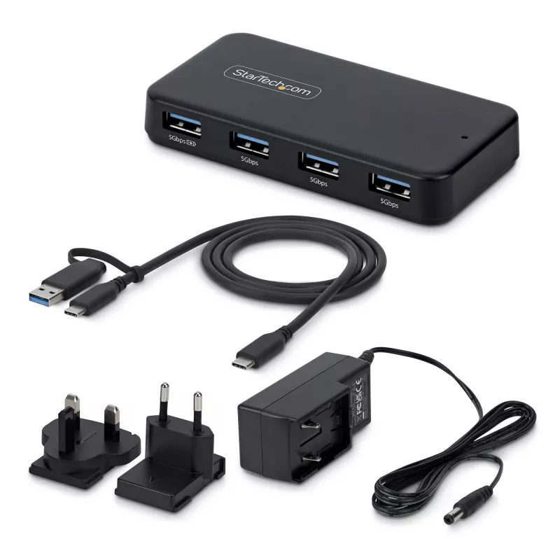 StarTech.com 4-pordiline USB-A jaotur, 5 Gbps, isetoitega, 2-ühes USB-C ja USB-A hostikaabel, 1 BC 1.2 laadimisport, 24 W toiteadapter kaasas, MacBook ja Windows