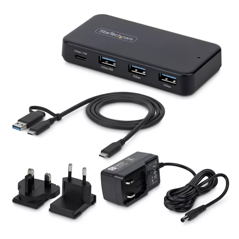 StarTech.com 4-pordiline USB-C ja USB-A jaotur, 5 Gbps, isetoitega, 2-ühes USB-C ja USB-A hostikaabel, 1x USB-C ja 3x USB-A (1x BC 1.2), 36 W toiteadapter kaasas