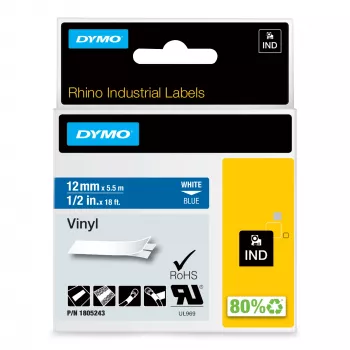 DYMO Rhino tööstuslikud vinüületiketid | 12 mm x 5,5 m | valge trükis sinisel | isekleepuvad | LabelManageri ja Rhino sildivalmistajatele