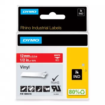 DYMO Rhino tööstuslikud vinüülsildid | 12 mm x 5,5 m | Valge trükk punasel | Iseliimuv | LabelManageri ja Rhino sildivalmistajatele