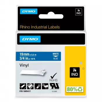 DYMO Rhino tööstuslikud vinüülsildid | 19 mm x 5,5 m | Valge trükk sinisel | Isekleepuv | LabelManager’i ja Rhino sildivalmistajatele