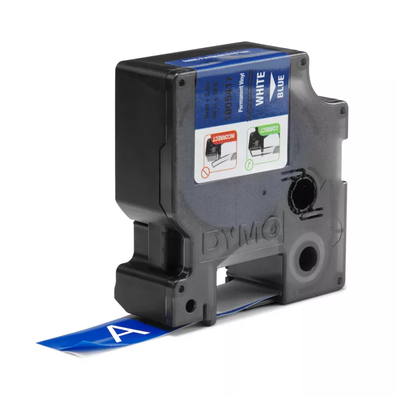 DYMO Rhino tööstuslikud vinüülsildid | 19 mm x 5,5 m | Valge trükk sinisel | Isekleepuv | LabelManager’i ja Rhino sildivalmistajatele