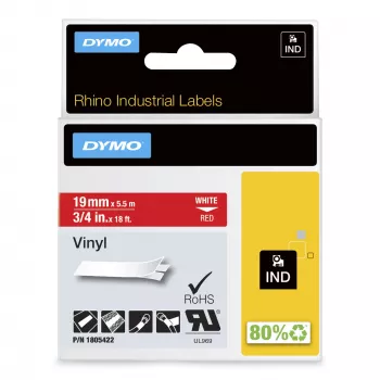 DYMO Rhino tööstuslikud vinüülsildid | 19 mm x 5,5 m | valge trükiga punasel | isekleepuvad | Rhino ja LabelManager silditegijatele