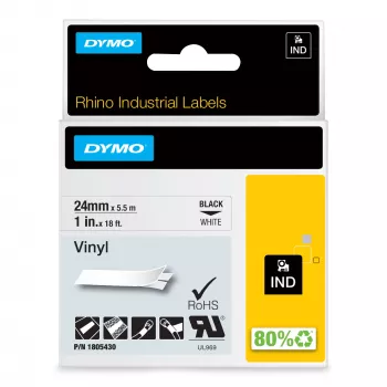 DYMO Rhino tööstuslikud vinüülsildid | 24 mm x 5,5 m | Must trükis valgel | Isekleepuv | LabelManageri ja Rhino sildivalmistajatele