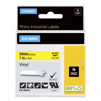 DYMO Rhino tööstuslikud vinüülsildid | 24 mm x 5,5 m | Must trükk kollasel | Isekleepuv | LabelManageri ja Rhino sildiprinteritele