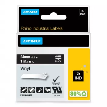 DYMO Rhino tööstuslikud vinüülsildid | 24 mm x 5,5 m | Valge trükk mustal | Isekleepuv | LabelManageri ja Rhino sildivalmistajatele