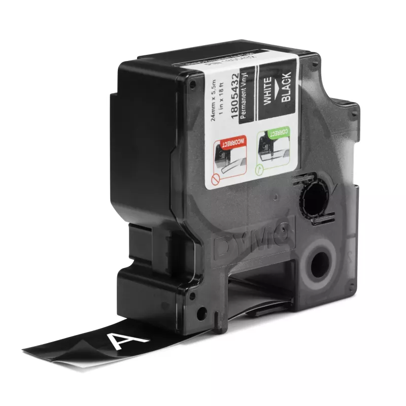 DYMO Rhino tööstuslikud vinüülsildid | 24 mm x 5,5 m | Valge trükk mustal | Isekleepuv | LabelManageri ja Rhino sildivalmistajatele