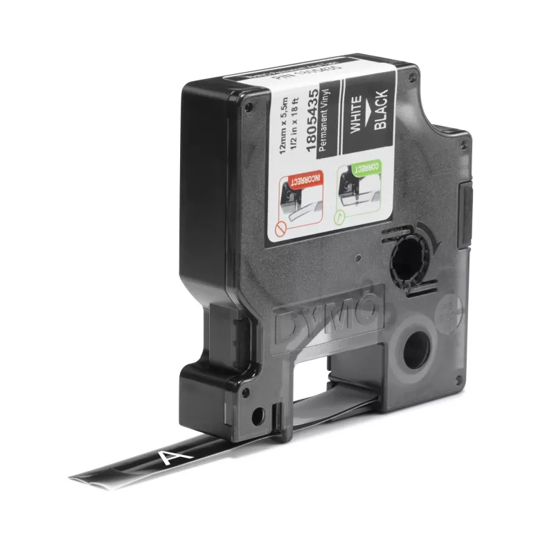 DYMO Rhino tööstuslikud vinüülsildid | 12 mm x 5,5 m | Valge trükk mustal | Isekleepuv | LabelManageri ja Rhino sildivalmistajatele