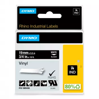 DYMO Rhino tööstuslikud vinüülsildid | 19 mm x 5,5 m | Valge trükk mustal | Isekleepuvad | LabelManageri ja Rhino sildivalmistajatele