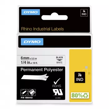 DYMO Rhino Industrial püsivad polüester-sildid | 6 mm x 5,5 m | must trükis valgel | isekleepuv | Rhino ja LabelManager sildimasinatele