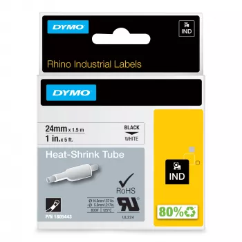 DYMO Rhino tööstuslikud termokahanevad kaablisilditorud | 24 mm x 1,5 m | Must trükk valgel | Isekleepuv | Rhino sildivalmistajatele