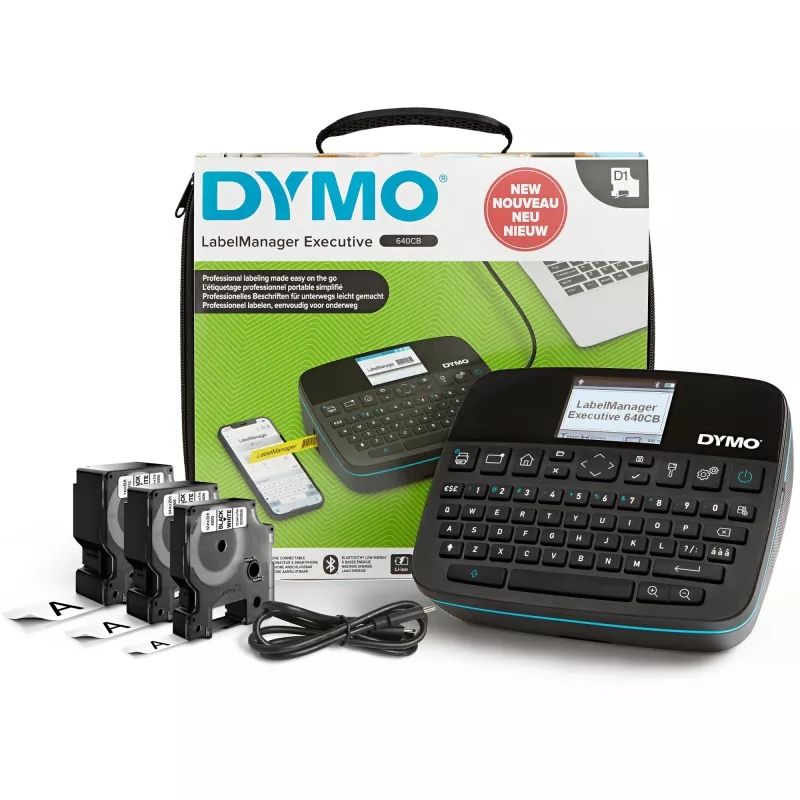 DYMO LabelManager Executive 640 CB kaasaskantav sildiprinteri komplekt kandekoti ja 3 sildikassetiga | Kompaktne QWERTY sildivalmistaja | Bluetooth- ja USB-ühenduvus | Ühildub D1-siltidega