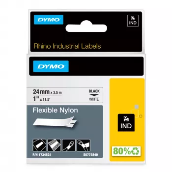 DYMO Rhino Industrial Flexible Nylon Labels | 24 mm x 3,5 m | Musta trükiga valgel | Isekleepuv | LabelManageri ja Rhino märgistusseadmetele