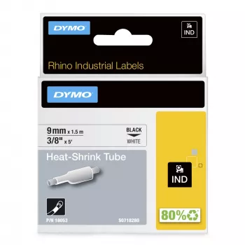 DYMO Rhino Industrial Heat-Shrink kaabel Label Tubes | 9 mm x 1,5 m | Must trükk valgel | Rhino sildivalmistajatele