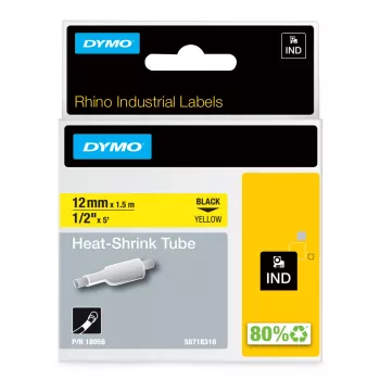 DYMO Rhino Industrial Heat-Shrink kaabel Label Tubes | 12 mm x 1,5 m | Must trükis kollasel | Rhino sildivalmistajatele