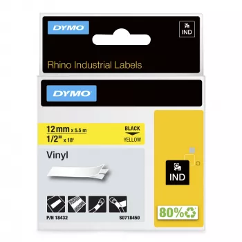 DYMO Rhino tööstuslikud vinüülkleebised | 12 mm x 5,5 m | Must trükk kollasel | Isekleepuv | Rhino ja LabelManager siltide valmistajatele