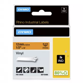 DYMO Rhino tööstuslikud vinüülsildid | 12 mm x 5,5 m | Must trükk oranžil | Isekleepuvad | Rhino ja LabelManager siltide valmistajatele