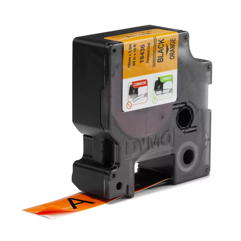 DYMO Rhino tööstuslikud vinüülsildid | 19 mm x 5,5 m | Must trükk oranžil | Isekleepuvad | Rhino ja LabelManager siltide valmistajatele