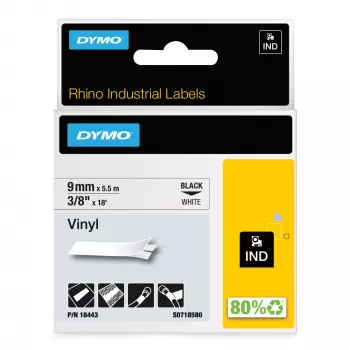 DYMO Rhino tööstuslikud vinüülsildid | 9 mm x 5,5 m | Must trükk valgel | Isekleepuv | Rhino ja LabelManager sildimasinatele
