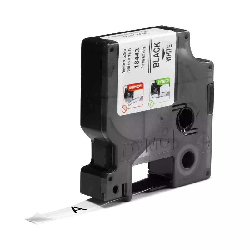 DYMO Rhino tööstuslikud vinüülsildid | 9 mm x 5,5 m | Must trükk valgel | Isekleepuv | Rhino ja LabelManager sildimasinatele