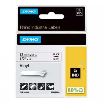 DYMO Rhino tööstuslikud vinüülsildid | 12 mm x 5,5 m | Must trükk valgel | Iseliimuv | Rhino ja LabelManager sildivalmistajatele